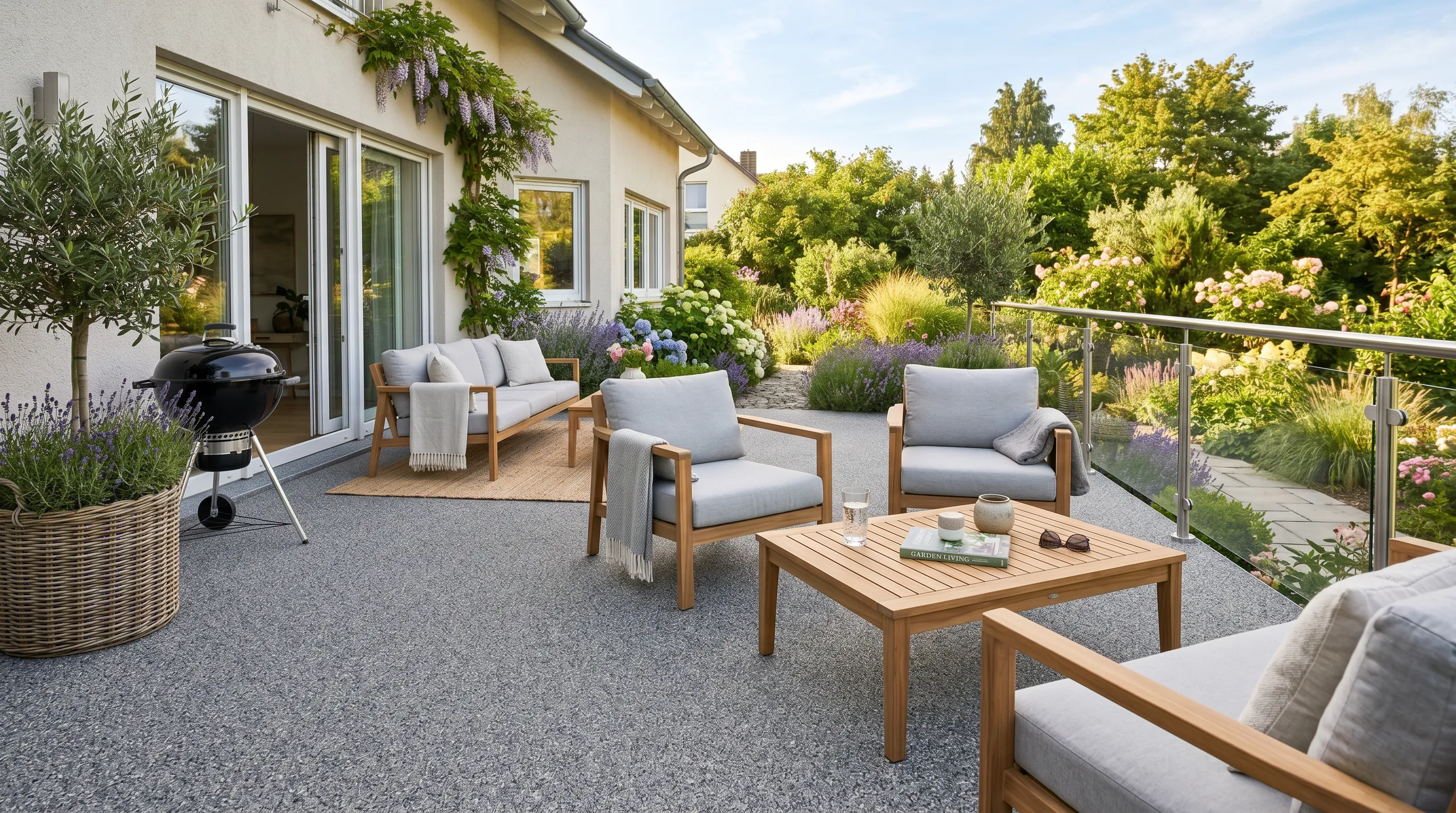 Steinteppich Terrasse mit gemütlicher Sitzgruppe und grüner Umgebung