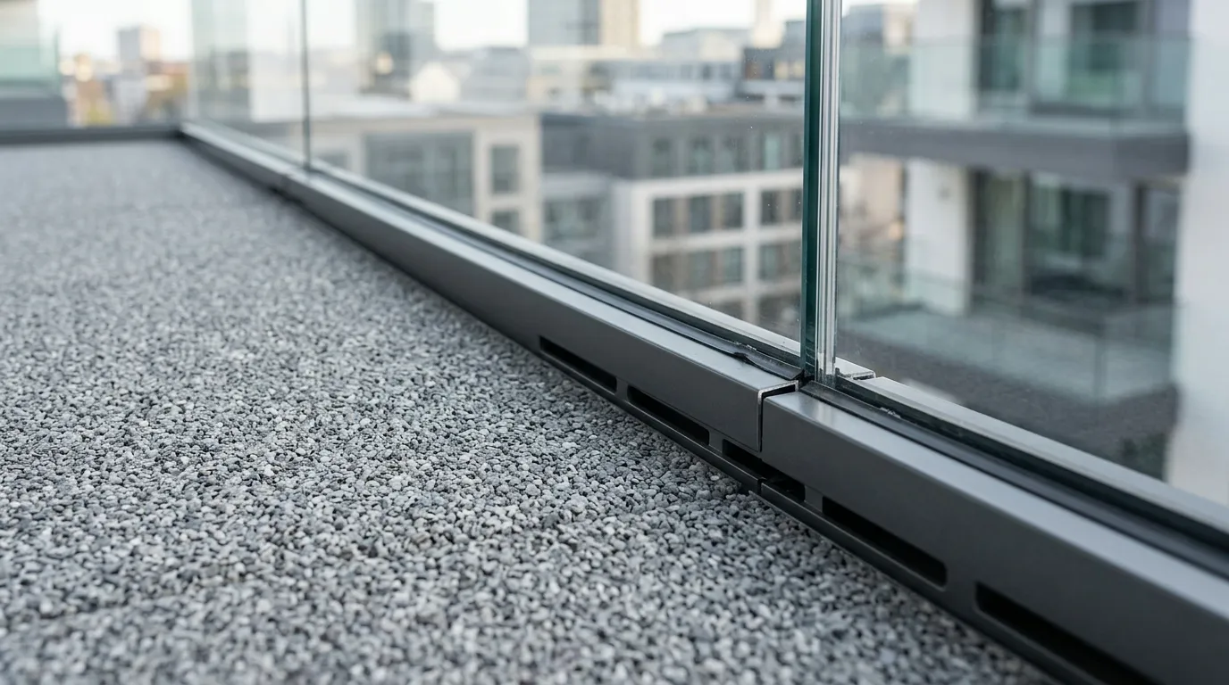 Steinteppich auf einer Terrasse mit modernen Glasgeländern in urbaner Umgebung