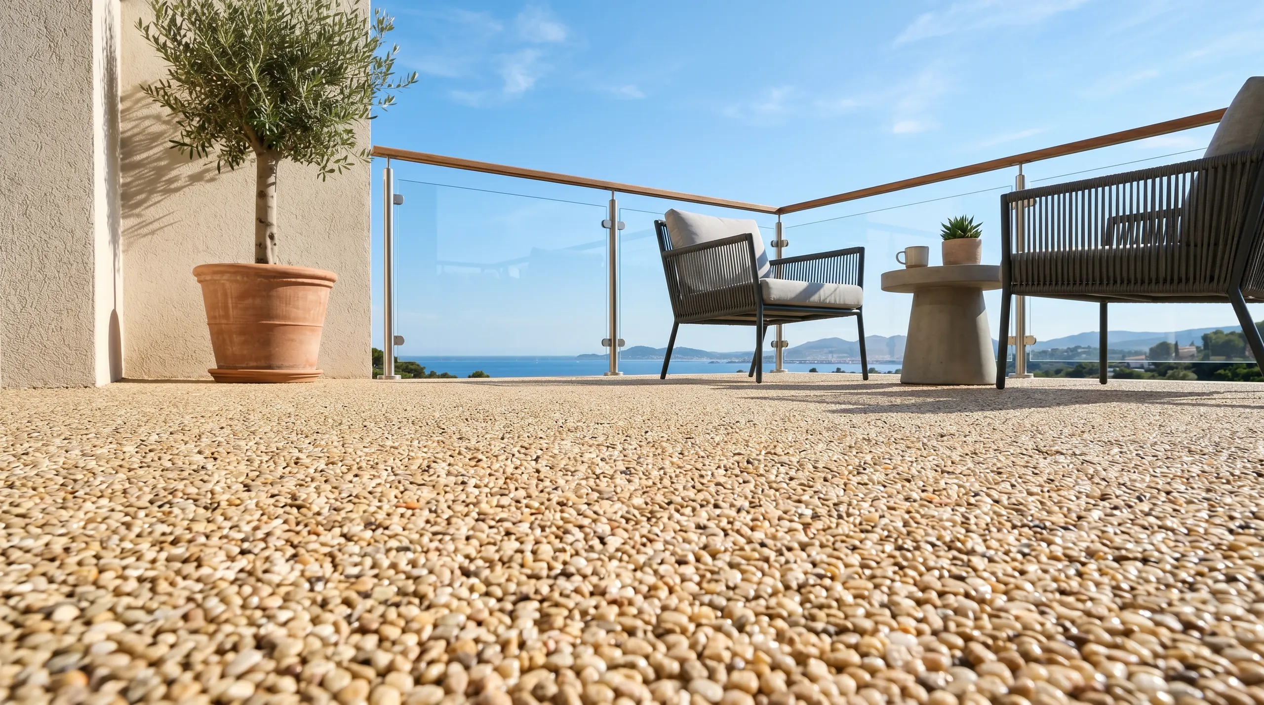 Steinteppich auf einer Terrasse mit Meerblick und modernen Möbeln