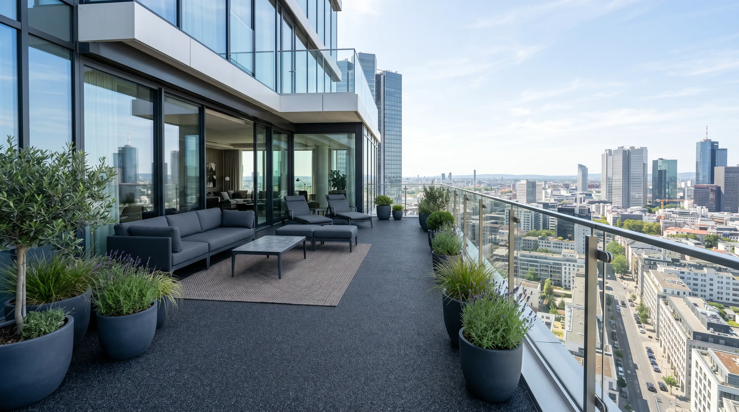 Steinteppich Terrasse mit modernen Möbeln und Pflanzen auf einem Balkon