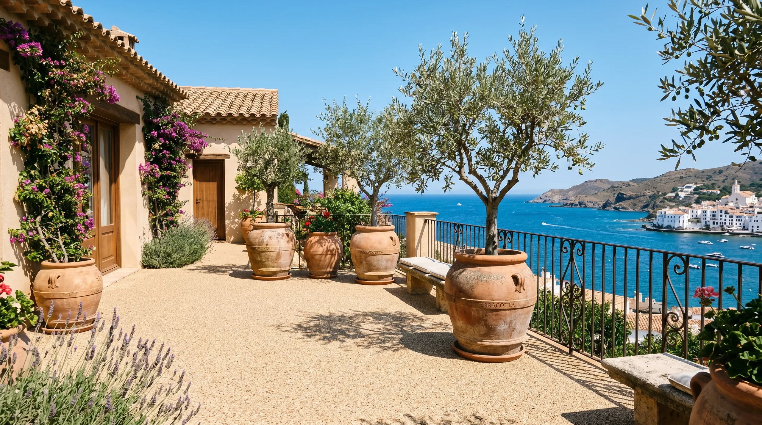 Steinteppich Terrasse mit Blick auf das Meer und dekorativen Pflanzen in Töpfen