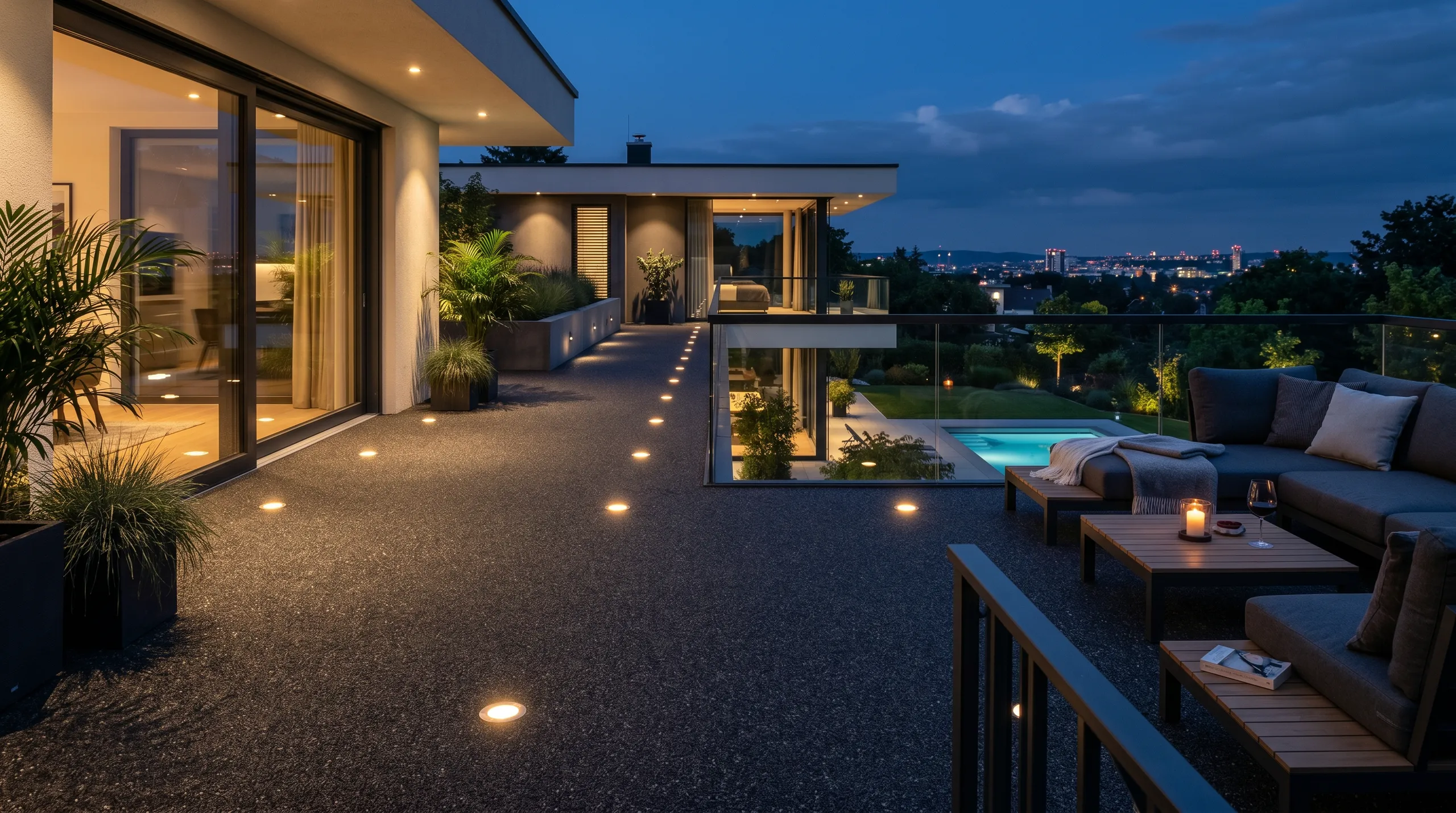 Steinteppich auf einer eleganten Terrasse mit Blick auf die Stadt bei Nacht