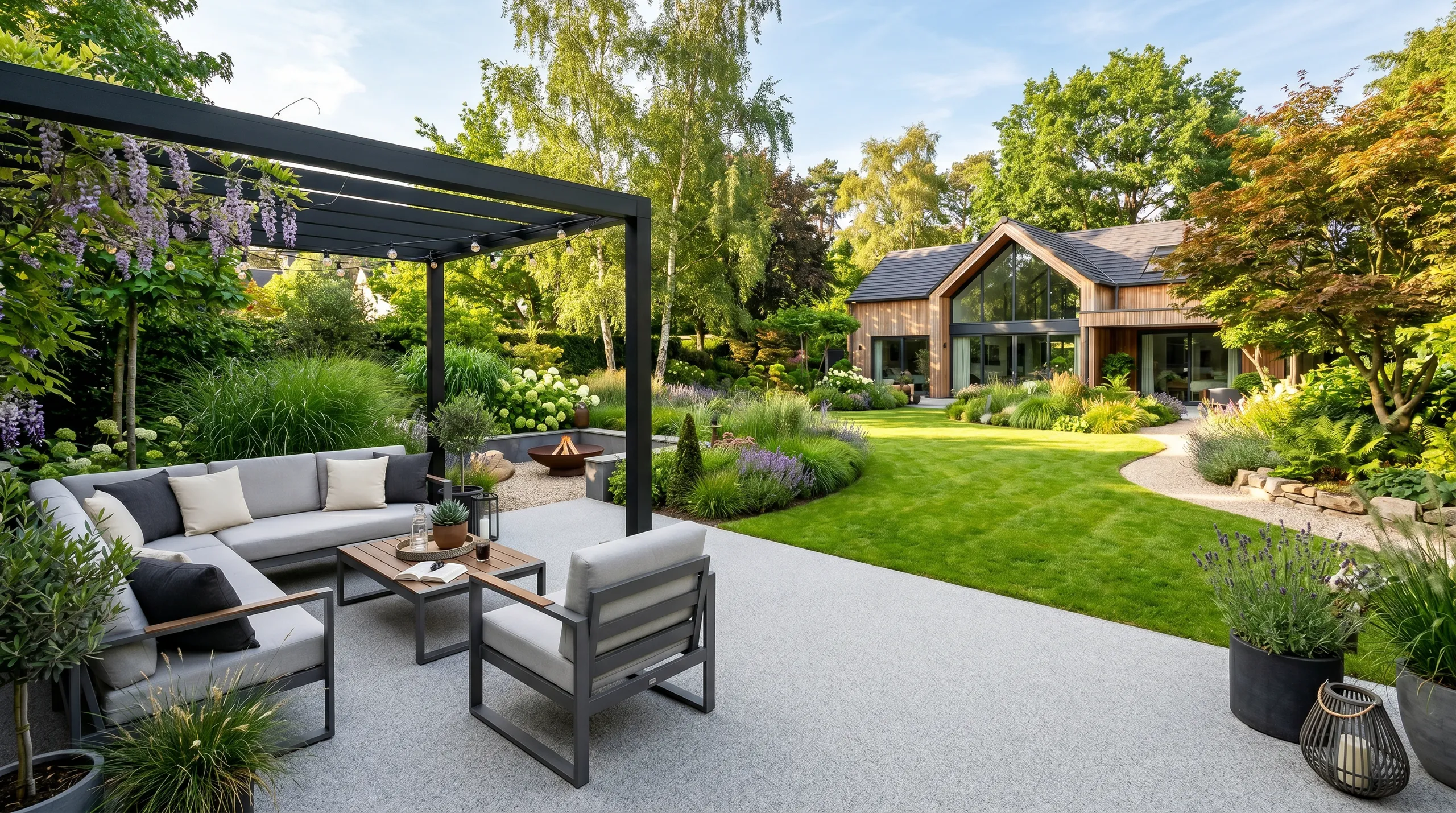 Steinteppich Terrasse mit modernen Möbeln und gepflegtem Garten im Hintergrund