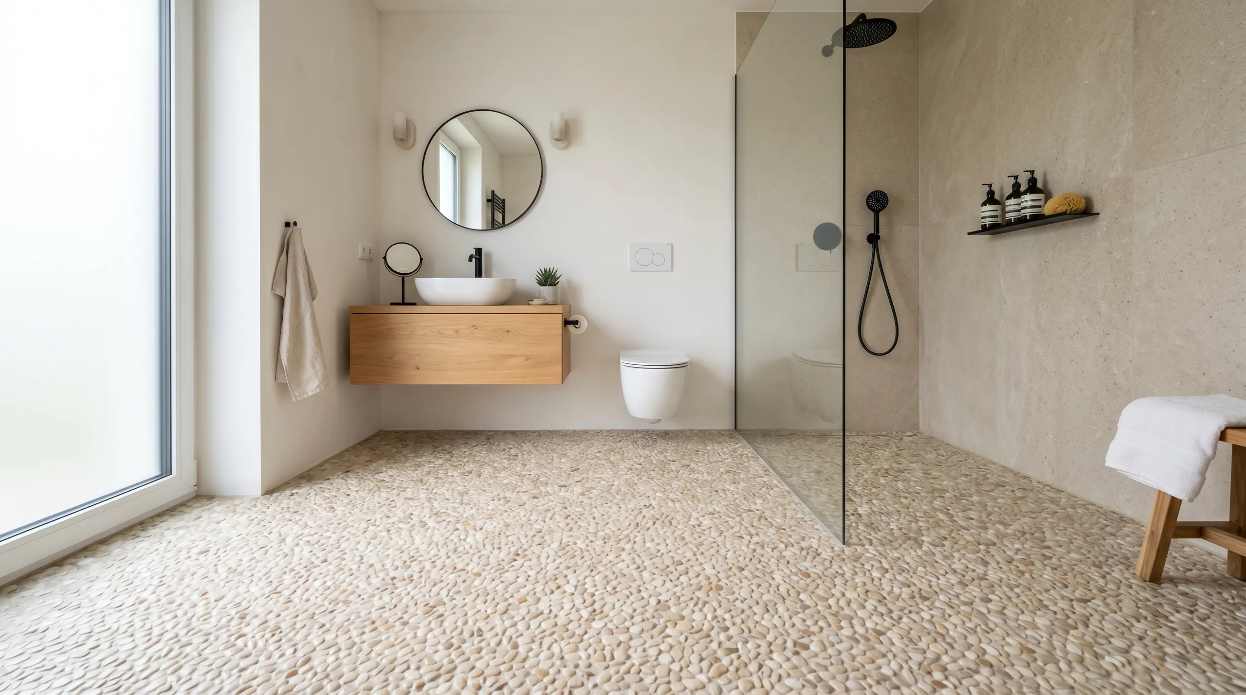 Badezimmer mit Steinteppichboden und moderner Dusche
