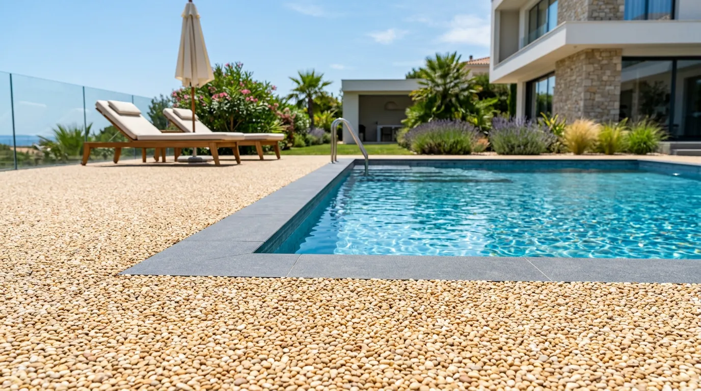 Steinteppich Terrasse rund um den Pool mit Liegestühlen im Hintergrund