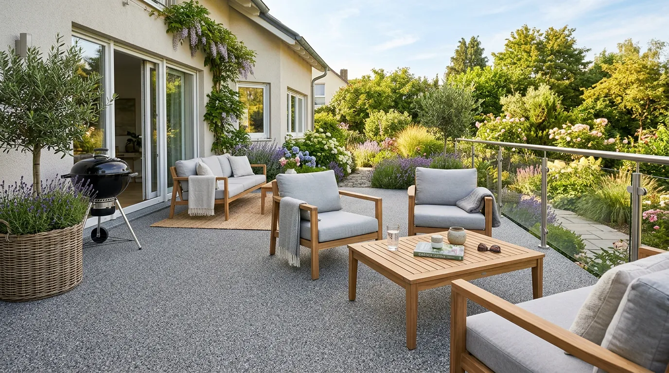 Gemütlicher Steinteppich auf einer Terrasse mit modernen Möbeln und begrünten Pflanzen